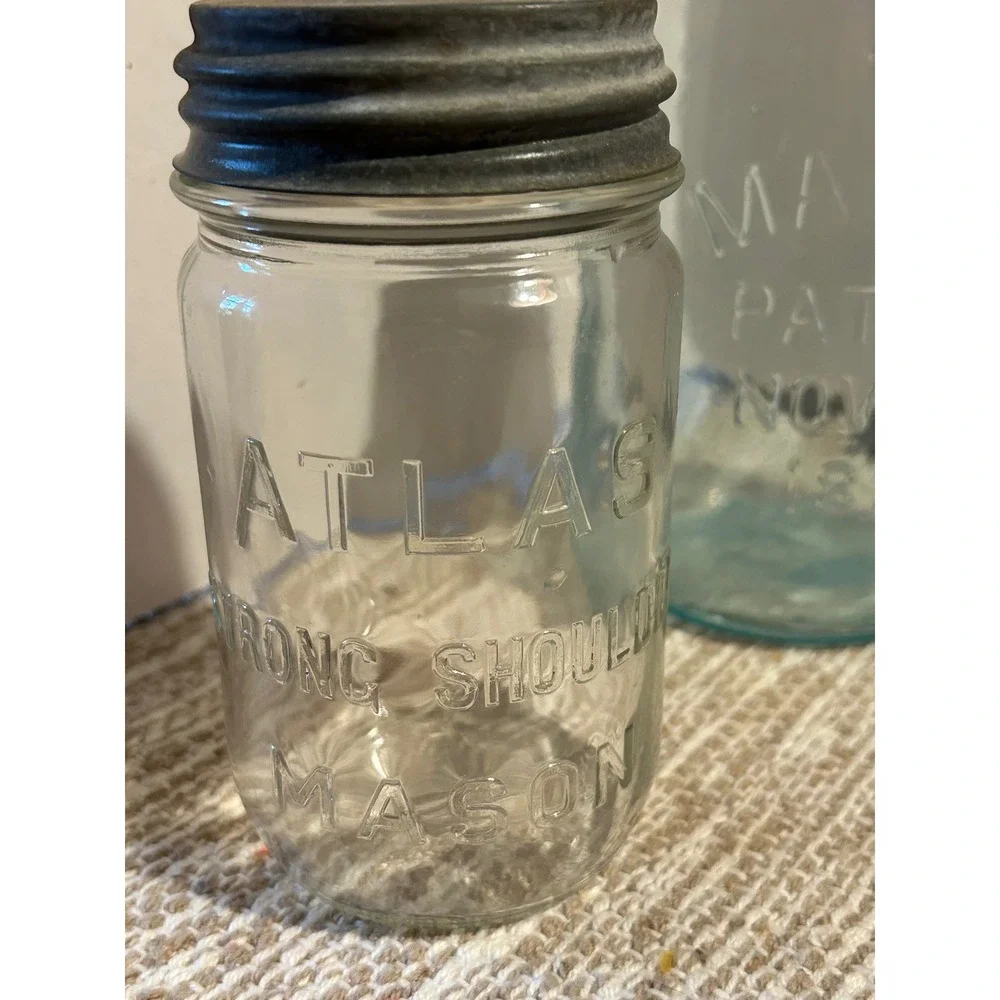 Vintage Ball Ideal Atlas Strong Shoulder Mason Patent 1858 Glass Jars Set of 3